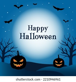 Happy Halloween design vector with moonlight, bats and, valley, halloween pumpkin and tree.