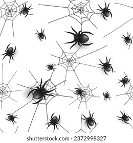 Happy Halloween design vector seamless pattern. Featuring spiderwebs and spooky 3d spiders on a white background, it adds a touch of eerie elegance to your project. Not AI generated.