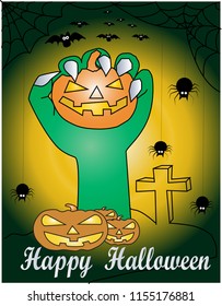 Happy Halloween design with zombie hand, bats, graves, spider, vector illustration background