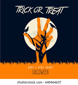 Happy Halloween design with zombie hand, bats, graves, moon, vector illustration background
