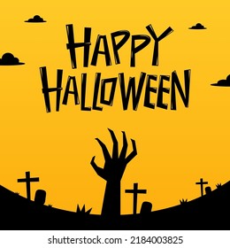 Happy halloween design with zombie hands over yellow background, vector illustration.