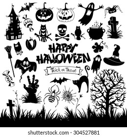 Happy Halloween designs set with various elements of holiday isolated on white background. Vector illustration.