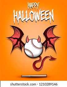 Happy Halloween. Devil baseball ball. Baseball ball with horns, wings and devil tail. Design pattern for banner, poster, greeting card, flyer, party invitation. Vector illustration