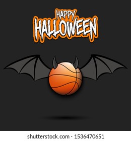 Happy Halloween. Devil basketball ball. Basketball ball with horns and wings. Design pattern for banner, poster, greeting card, flyer, party invitation. Vector illustration