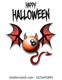 Happy Halloween. Devil billiard ball. billiard ball with horns, wings and devil tail. Design pattern for banner, poster, greeting card, flyer, party invitation. Vector illustration
