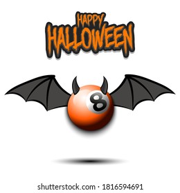 Happy Halloween. Devil billiard ball. Billiard ball with horns and wings. Design pattern for banner, poster, greeting card, flyer, party invitation. Vector illustration