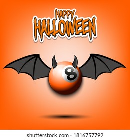 Happy Halloween. Devil billiard ball. Billiard ball with horns and wings. Design pattern for banner, poster, greeting card, flyer, party invitation. Vector illustration