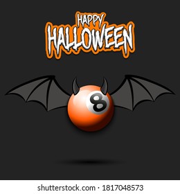 Happy Halloween. Devil billiard ball. Billiard ball with horns and wings. Design pattern for banner, poster, greeting card, flyer, party invitation. Vector illustration