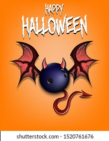 Happy Halloween. Devil bowling ball. Bowling ball with horns, wings and devil tail. Design pattern for banner, poster, greeting card, flyer, party invitation. Vector illustration