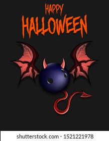 Happy Halloween. Devil bowling ball. Bowling ball with horns, wings and devil tail. Design pattern for banner, poster, greeting card, flyer, party invitation. Vector illustration
