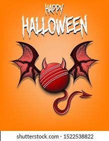 Happy Halloween. Devil cricket ball. Cricket ball with horns, wings and devil tail. Design pattern for banner, poster, greeting card, flyer, party invitation. Vector illustration