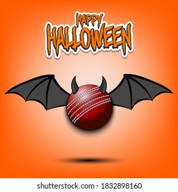 Happy Halloween. Devil cricket ball. Cricket ball with horns and wings. Design pattern for banner, poster, greeting card, flyer, party invitation. Vector illustration