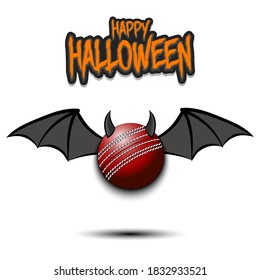 Feliz Halloween. La bola de cricket del diablo. Balón de críquet con cuernos y alas. Patrón de diseño para banner, afiche, tarjeta de saludo, volante, invitación a fiesta. Ilustración del vector