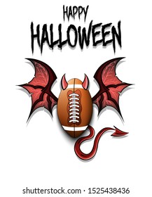 Happy Halloween. Devil football ball. Football with horns, wings and devil tail.  