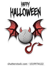 Happy Halloween. Devil golf ball. Golf ball with horns, wings and devil tail. Design pattern for banner, poster, greeting card, flyer, party invitation. Vector illustration