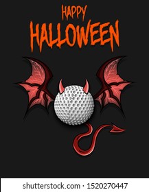 Happy Halloween. Devil golf ball. Golf ball with horns, wings and devil tail. Design pattern for banner, poster, greeting card, flyer, party invitation. Vector illustration