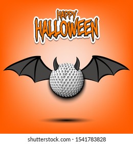 Happy Halloween. Devil golf ball. Golf ball with horns and wings. Design pattern for banner, poster, greeting card, flyer, party invitation. Vector illustration