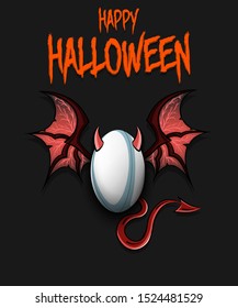 Happy Halloween. Devil rugby ball. Rugby ball with horns, wings and devil tail. Design pattern for banner, poster, greeting card, flyer, party invitation. Vector illustration