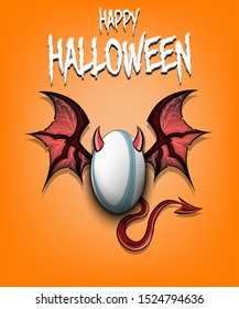 Happy Halloween. Devil rugby ball. Rugby ball with horns, wings and devil tail. Design pattern for banner, poster, greeting card, flyer, party invitation. Vector illustration