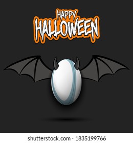 Happy Halloween. Devil rugby ball. Rugby ball with horns and wings. Design pattern for banner, poster, greeting card, flyer, party invitation. Vector illustration