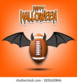 Happy Halloween. Devil rugby ball. Football ball with horns and wings. Design pattern for banner, poster, greeting card, flyer, party invitation. Vector illustration