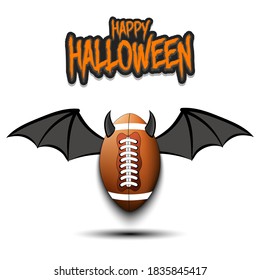 Happy Halloween. Devil rugby ball. Football ball with horns and wings. Design pattern for banner, poster, greeting card, flyer, party invitation. Vector illustration