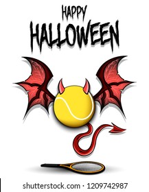 Happy Halloween. Devil tennis ball. Tennisl ball with horns, wings and devil tail. Design pattern for banner, poster, greeting card, flyer, party invitation. Vector illustration