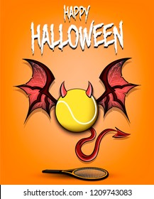 Happy Halloween. Devil tennis ball. Tennisl ball with horns, wings and devil tail. Design pattern for banner, poster, greeting card, flyer, party invitation. Vector illustration