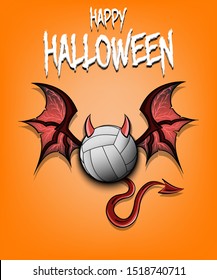 Happy Halloween. Devil volleyball ball. Volleyball ball with horns, wings and devil tail. Design pattern for banner, poster, greeting card, flyer, party invitation. Vector illustration