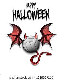 Happy Halloween. Devil volleyball ball. Volleyball ball with horns, wings and devil tail. Design pattern for banner, poster, greeting card, flyer, party invitation. Vector illustration