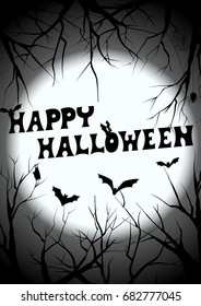 happy halloween with died tree silhouette background, black halloween party greeting, vector illustration