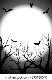 happy halloween with died tree silhouette background, black halloween party greeting, vector illustration