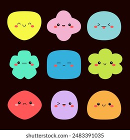 Happy Halloween. Different shape monsters. Kawaii monster face icon set. Cute cartoon funny baby character. Colorful silhouette. Sticker print. Eyes cheeks, mouth. Flat design. Black background Vector