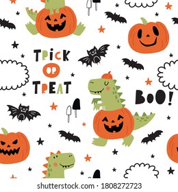 Happy Halloween Dinosaur. Cute Dino halloween pumpkin costume seamless pattern