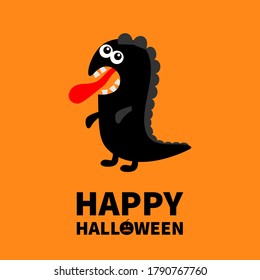 Happy Halloween. Dinosaur monster silhouette. Cute cartoon kawaii sad character icon. Tongue, eyes, hands. Funny baby collection. Black color. Flat design. Orange background. Vector illustration