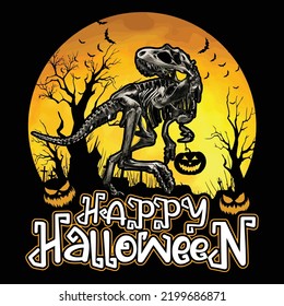 Happy Halloween Dinosaur Skelton T Shirt, Halloween Retro Vintage Shirt, Halloween Forest Pumpkin Face Shirt Print Template