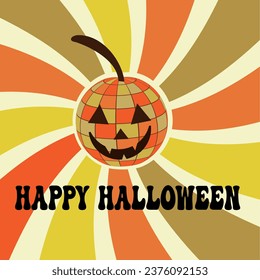 Happy Halloween disco groovy pumpkin illustration on vintage starburst in orange, yellow and mustard. For Halloween posters, greeting cards and postcards. 