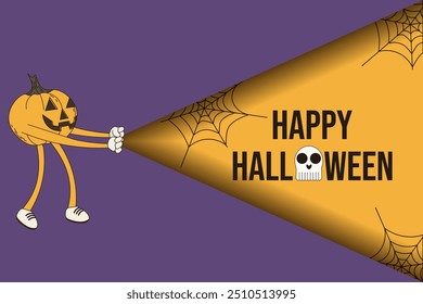 Happy Halloween discord banner template design in trendy cut out paper style. Creepy pumpkin character and typography text. Minimalism vector aesthetic can used holiday web poster banner card. EPS 10