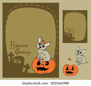 Feliz Halloween - perro con disfraces de monstruos, fiesta de Halloween. Conjunto de vectores para la tarjeta postal