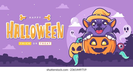 happy halloween dog wizard cartoon banner template