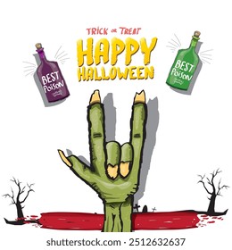 Happy halloween doodle design elements set isolated on white background. vector happy halloween greeting card with zombie hand. vector illustration