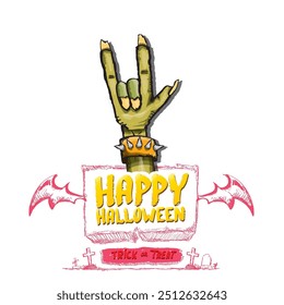 Happy halloween doodle design elements set isolated on white background. vector happy halloween greeting card with zombie hand. vector illustration