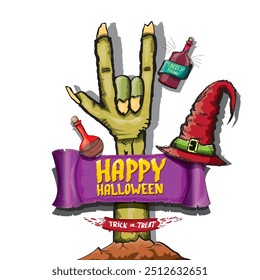 Happy halloween doodle design elements set isolated on white background. vector happy halloween greeting card with zombie hand. vector illustration