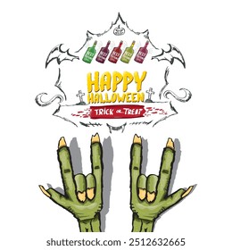 Happy halloween doodle design elements set isolated on white background. vector happy halloween greeting card with zombie hand. vector illustration