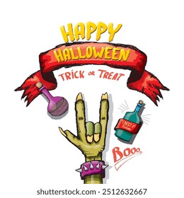 Happy halloween doodle design elements set isolated on white background. vector happy halloween greeting card with zombie hand. vector illustration