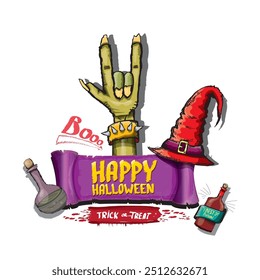 Happy halloween doodle design elements set isolated on white background. vector happy halloween greeting card with zombie hand. vector illustration