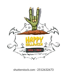 Happy halloween doodle design elements set isolated on white background. vector happy halloween greeting card with zombie hand. vector illustration