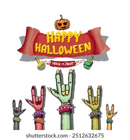 Happy halloween doodle design elements set isolated on white background. vector happy halloween greeting card with zombie hand. vector illustration