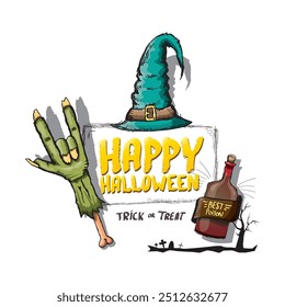 Happy halloween doodle design elements set isolated on white background. vector happy halloween greeting card with zombie hand. vector illustration