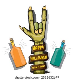 Happy halloween doodle design elements set isolated on white background. vector happy halloween greeting card with zombie hand. vector illustration